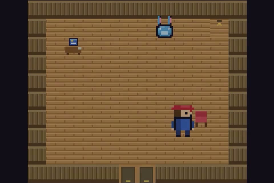 A player house interior with furniture, a creature, and items bought with coins